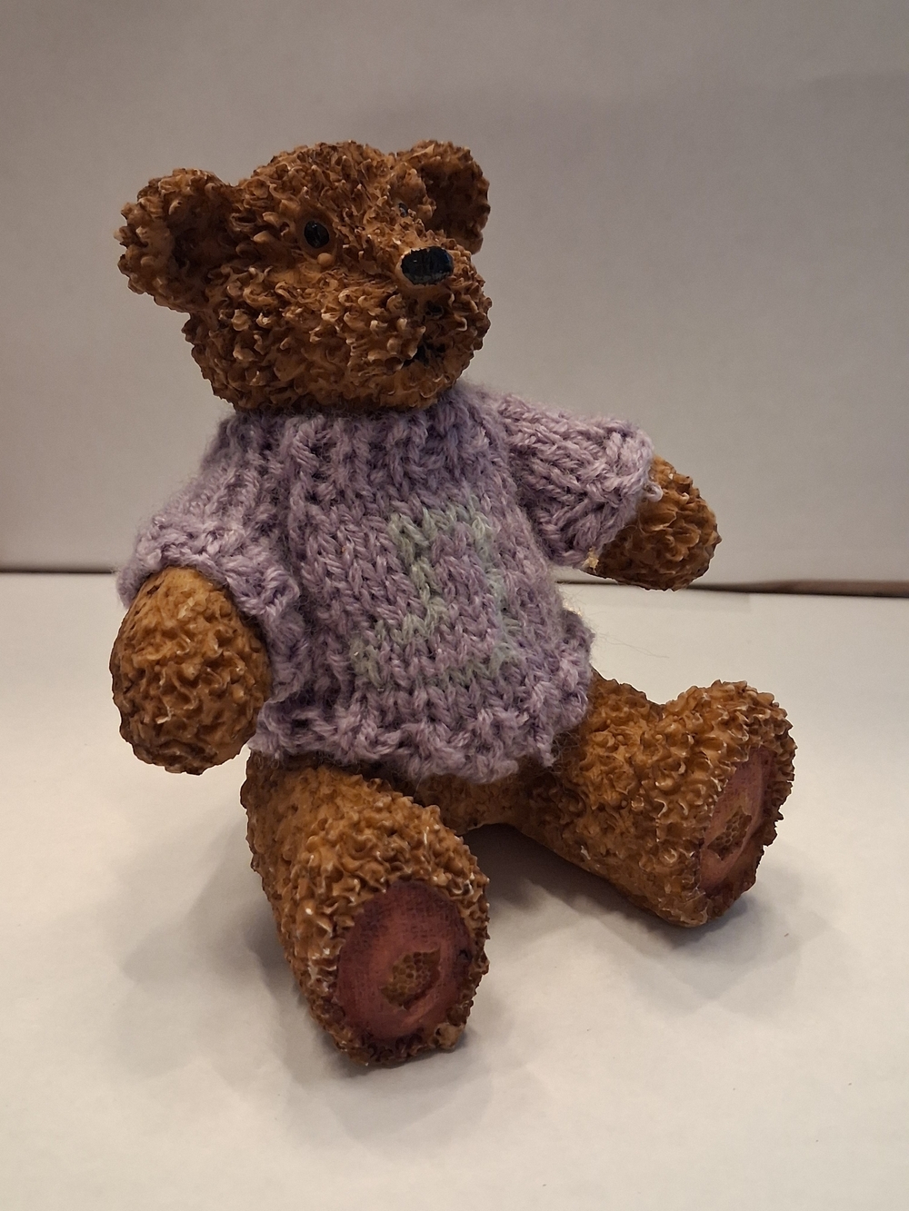 Brown Teddy Bear with Lavender Sweater -Figurine (Vintage)